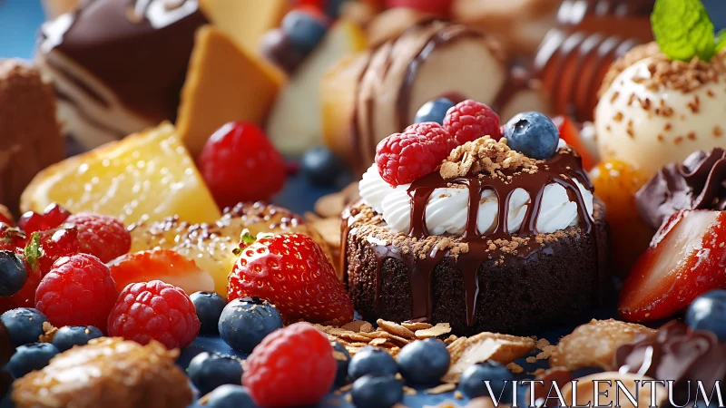 High-magnification dessert array with ganache and berry garnish.
