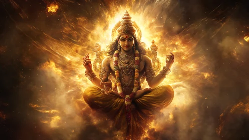 Radiant fireborn goddess in cosmic lotus of swirling light.