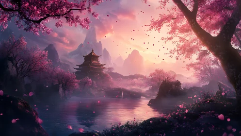 Twilight pagoda amid luminous cherry blossom valley.