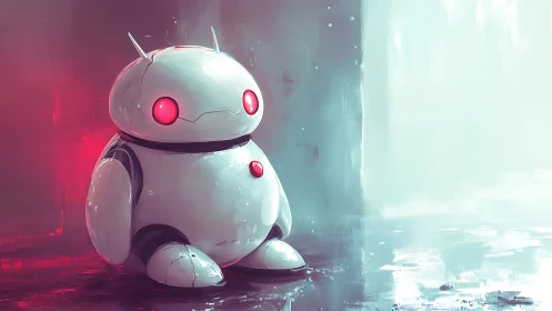 Cute white robot with neon eyes in misty corridor.