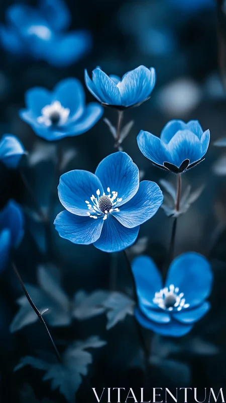 Blue Anemone Blossoms with Delicate Petals in Botanical Depth