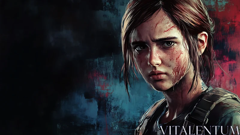 Bloodstreaked survivor girl stares down a fractured world.