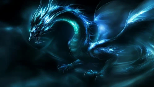 Glowing blue spirit dragon coils through a storm of swirling light