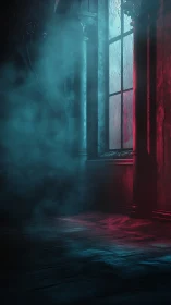 Moody moonlit hallway wrapped in mist and crimson glow.