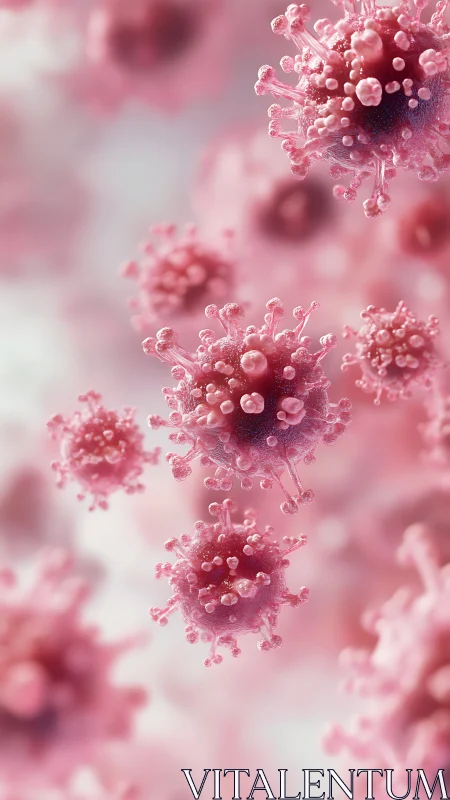 Microscopic pink virus particles float in a softly blurred space