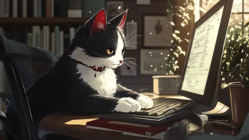 Whisker-Crowned Coder: Black & White Cat Commands Digital Destiny.