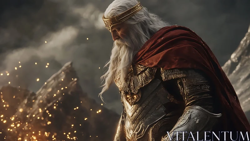 Emberlit king contemplates battle beneath a stormed sky