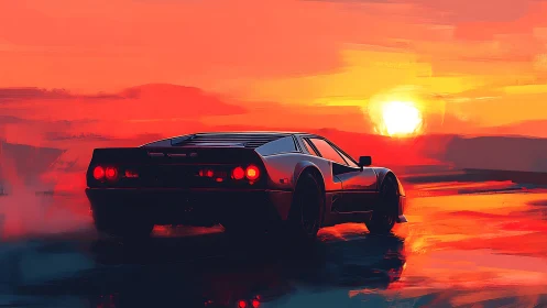 Retro sports car accelerates into a vivid neon sunset horizon