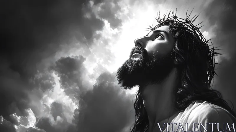 Profile view of robed man with thorn crown under clouds.