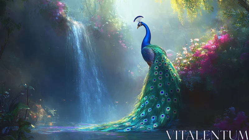 Peacock monarch pausing by a spell-lit waterfall garden.