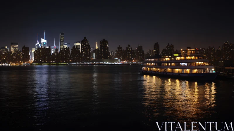 Night harbor skyline with illuminated multi deck cruise vessel