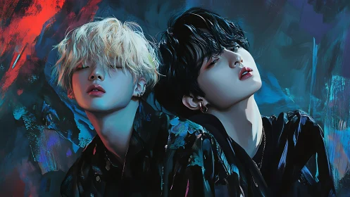 Velvet neon twins drifting through midnight color storms.