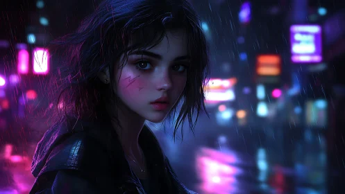 Neon‑lit girl in rainy cyber street, reflective gaze portrait.