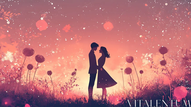 Silhouetted Couple amid Luminescent Wildflowers.