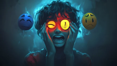 Human figure with emoji eyes and surrounding emoticons.