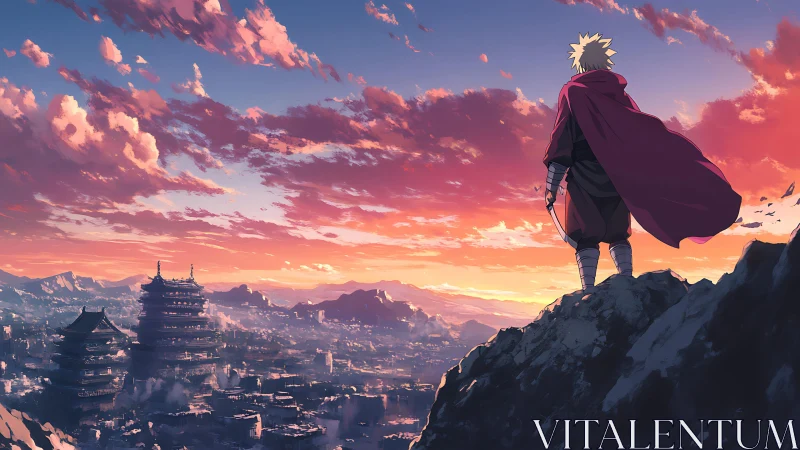Cloaked figure observes fortified valley city at sunset