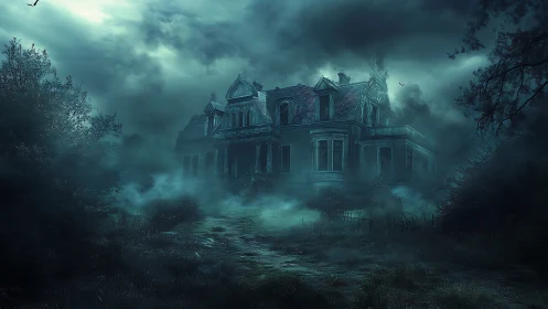 Moon-drowned manor brooding in storm-heavy spectral mist.