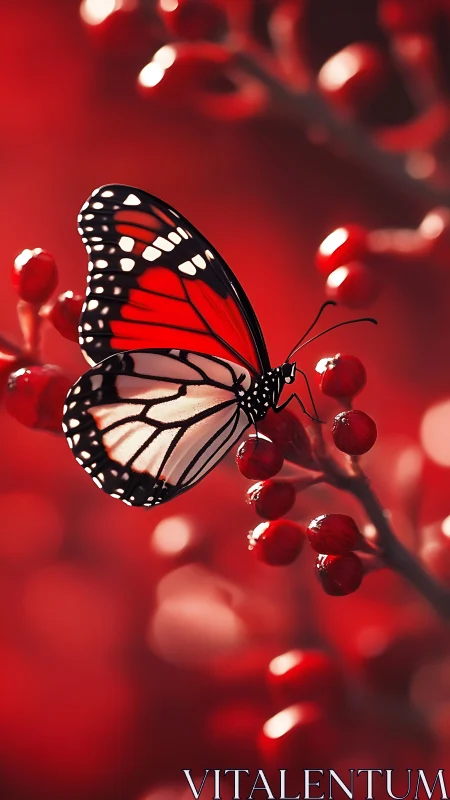 Macro study of monarch butterfly on scarlet berries, bokeh field.