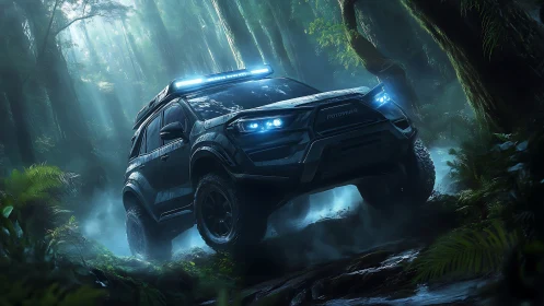 Off-road SUV with LED lights crossing wet jungle terrain.