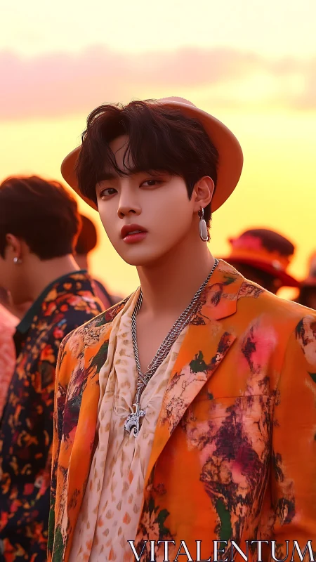 Stylish young man in orange floral suit at sunset.