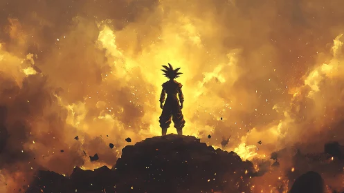 Lone warrior silhouette stands before blazing golden sky