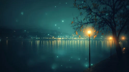 Lakeside lampposts humming under teal midnight mist.