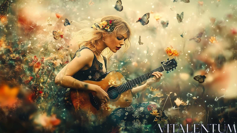 Fantasy digital painting of floral guitarist in soft bokeh field.