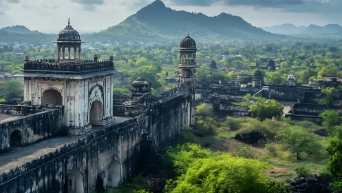 Historic walled complex extends across verdant valley plain