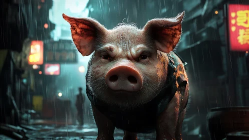 Cyberpunk street portrait of armored pig in neon rain.