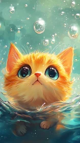 Orange cat with large eyes submerged in turquoise water with bubbles