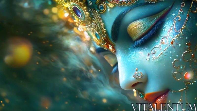 Celestial blue goddess portrait glows with jeweled filigree