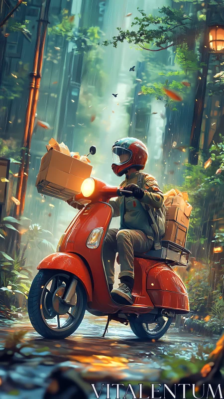 Courier on red scooter in lush rainy city alleyway.