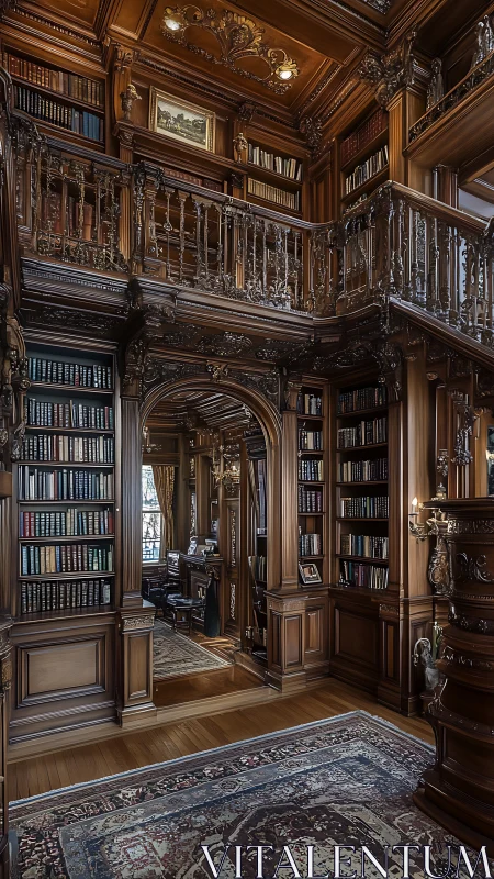 Ornate wood-paneled library glows with classic elegance.