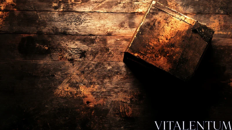 Closed weathered book rests on a stained wooden tabletop