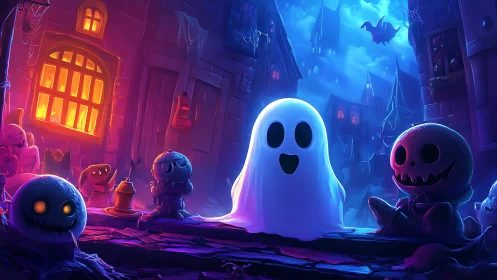 Smiling ghost glows between carved figures on spooky street