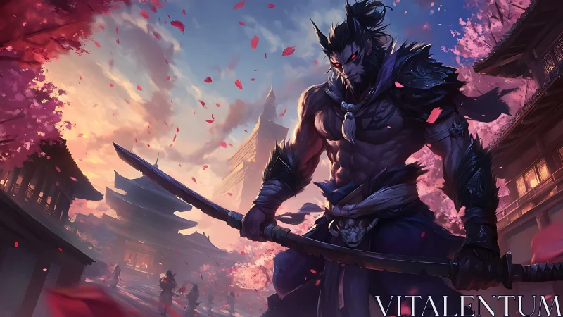 Demonic samurai warrior dominates cherry blossom battlefield scene