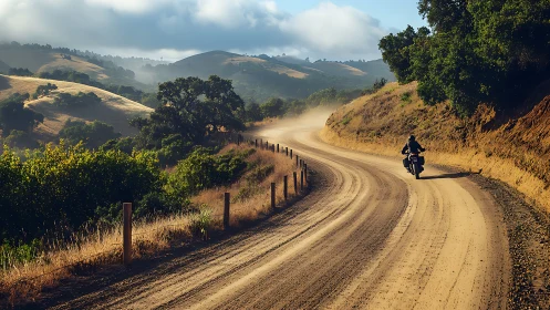 Motorcyclist follows a dusty country road through rolling hills.