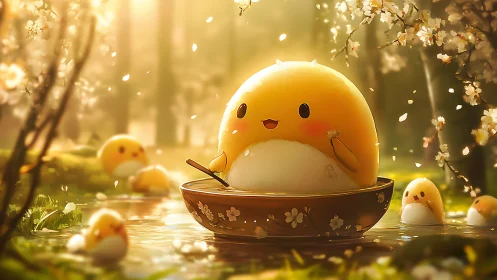 Luminescent mochi chick voyagers in sakura-lit forest stream.