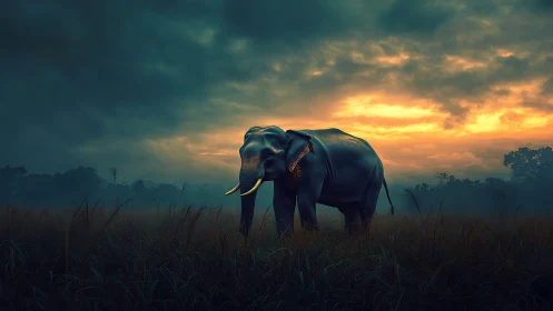 Gentle elephant strolls through misty grassland at sunrise
