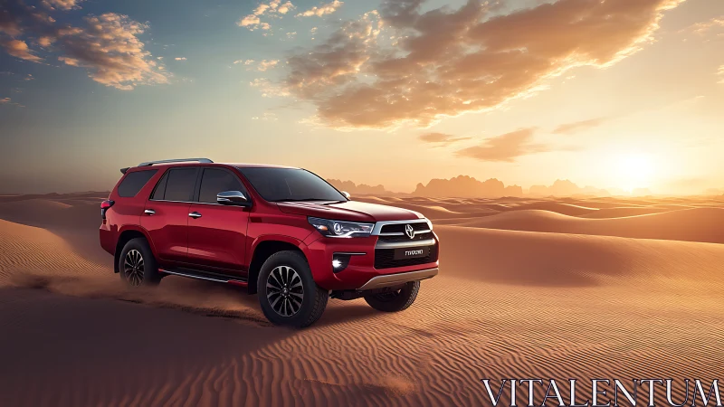 Red offroad SUV traversing desert dunes at sunset horizon.