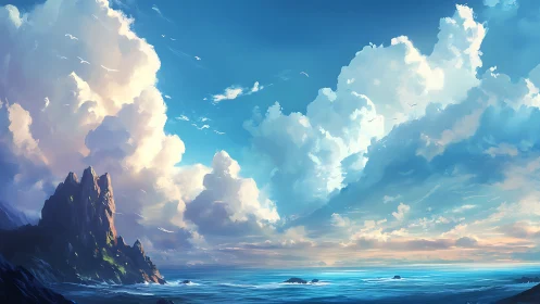 Coastal cliff seascape beneath towering cumulonimbus clouds