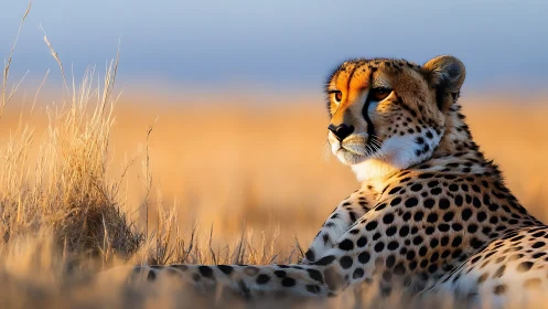 Cheetah at Rest in Savanna Grassland During Golden Hour