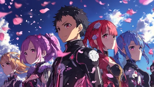 Aerodynamic anime squad under petal-saturated cerulean sky.