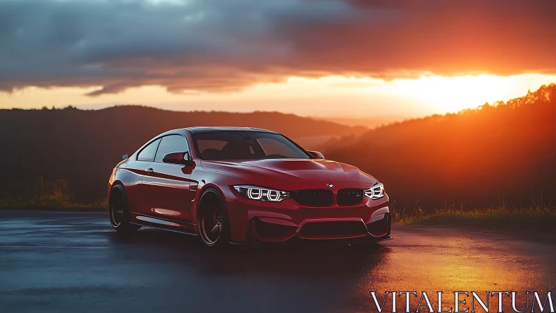 Photorealistic red coupe at dramatic sunset horizon line.