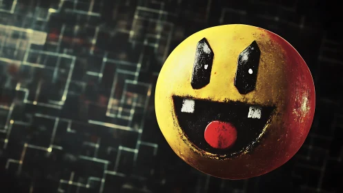 Textured yellow sphere with stylized face floats before grid