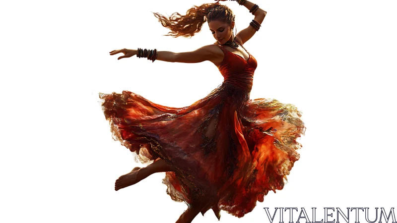 Fiery red dress swirls around a joyful dancer in motion