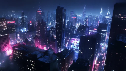 Neon drenched rainy megacity skyline in nocturnal blue glow.