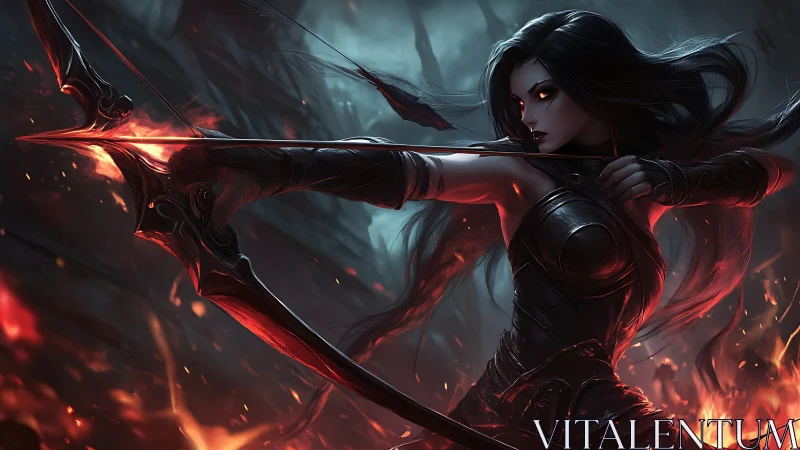 Dark elven archer draws blazing bow in infernal forest.