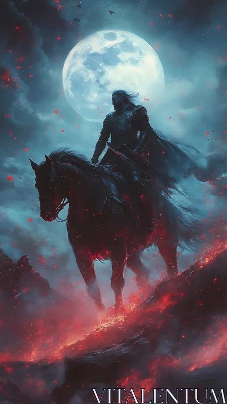 Lone armored rider crosses a burning ridge beneath the full moon.