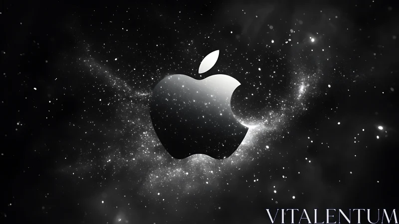 Metallic emblem in high-contrast cosmic particle field.